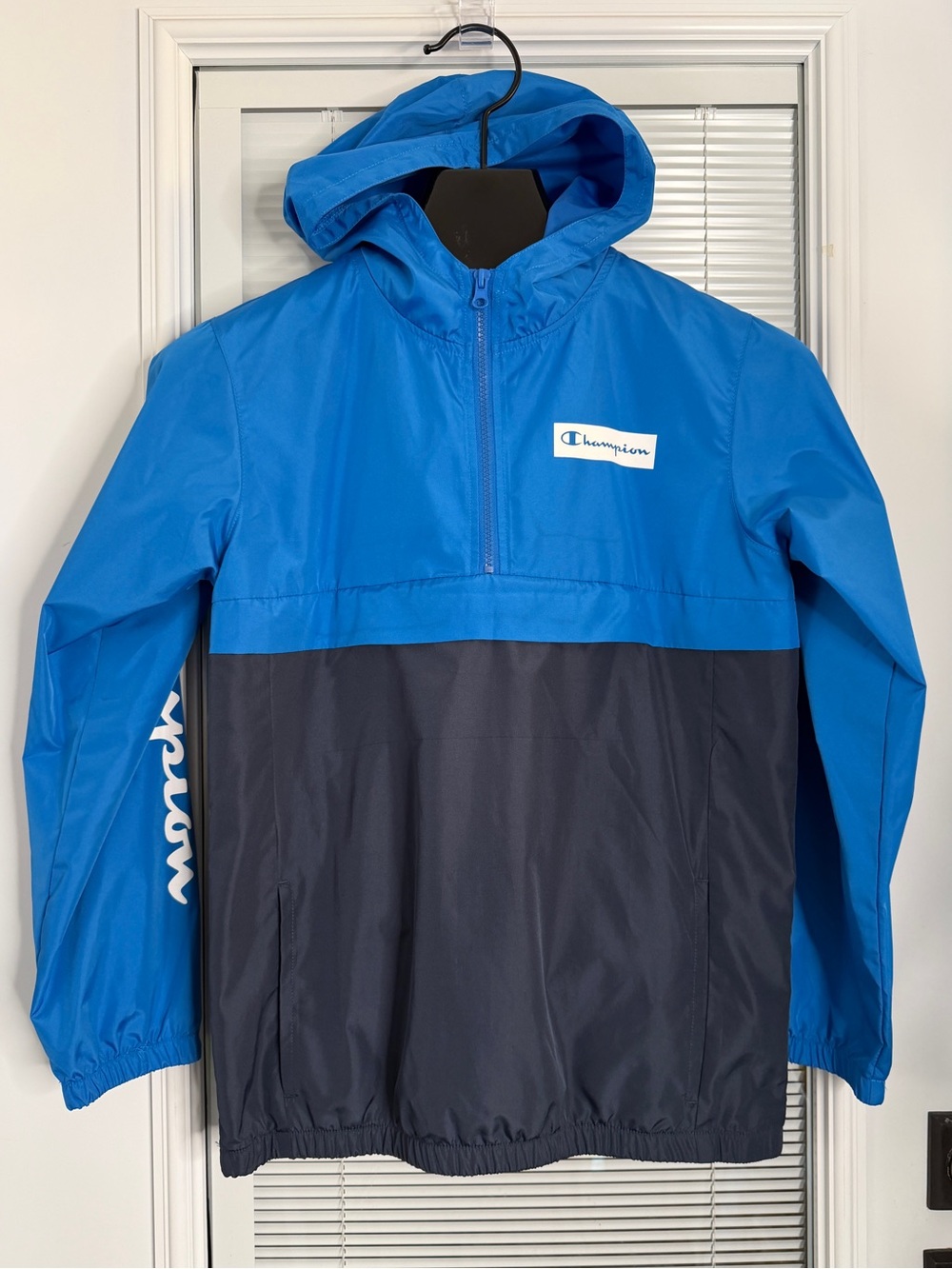 Champion Boys Sz L Jacket Windbreaker Blue on Blue PTP 20” Qtr Zip Front Pocket